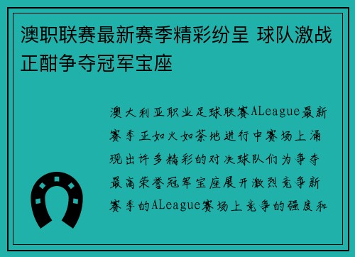 澳职联赛最新赛季精彩纷呈 球队激战正酣争夺冠军宝座