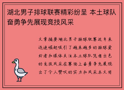 湖北男子排球联赛精彩纷呈 本土球队奋勇争先展现竞技风采