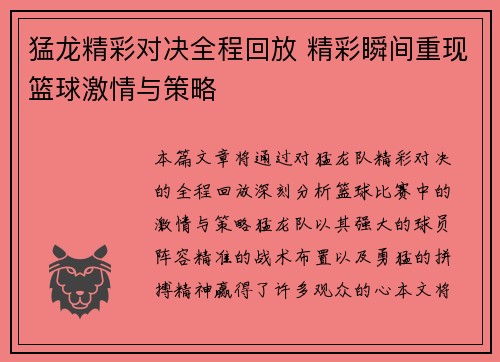 猛龙精彩对决全程回放 精彩瞬间重现篮球激情与策略